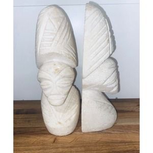 2 VTG Peruvian Aztec Tiki Natural Stone Quartz  Carved Bookends Carved